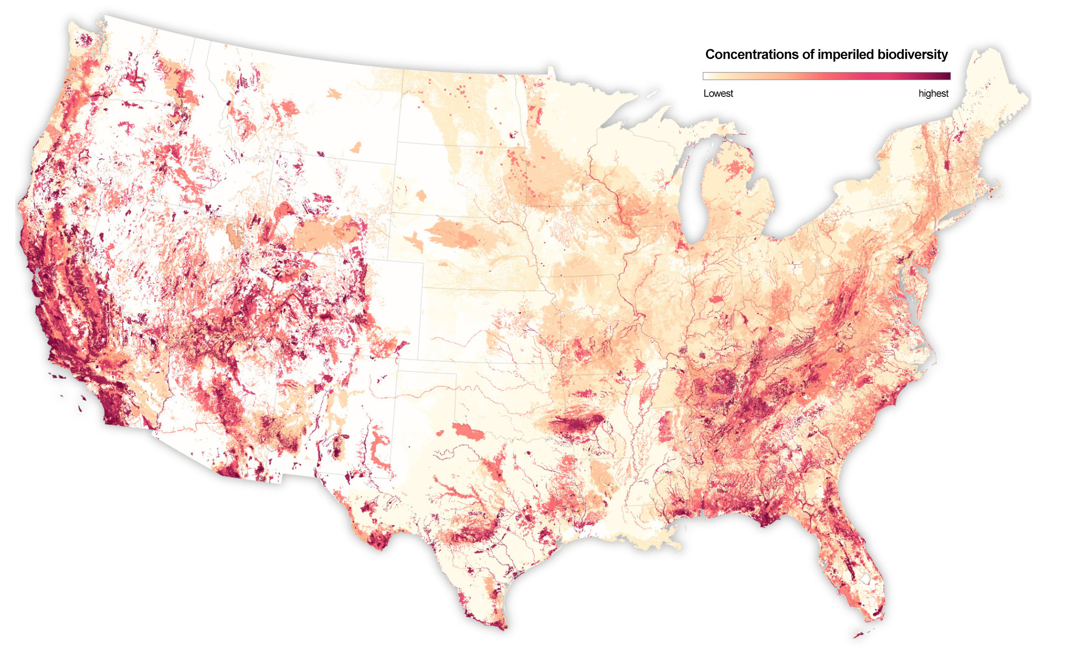 Heatmap of biodiversity risk across the continental United States, with a legend showing concentrations of imperiled biodiversity from lowest to highest.